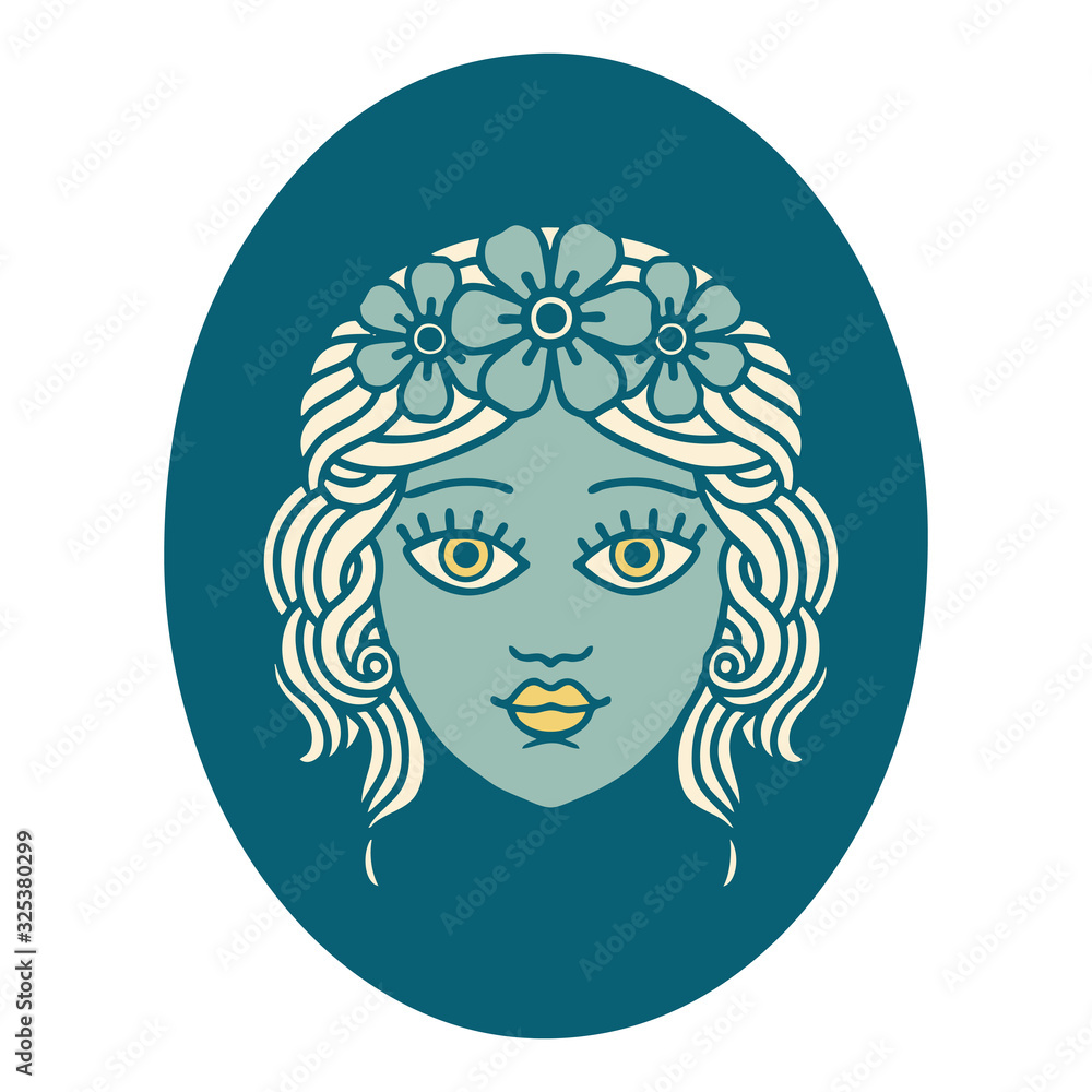 tattoo style icon of a maiden with crown of flowers tattoo style icon of a maiden with crown of flowers