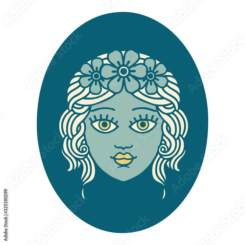 tattoo style icon of a maiden with crown of flowers