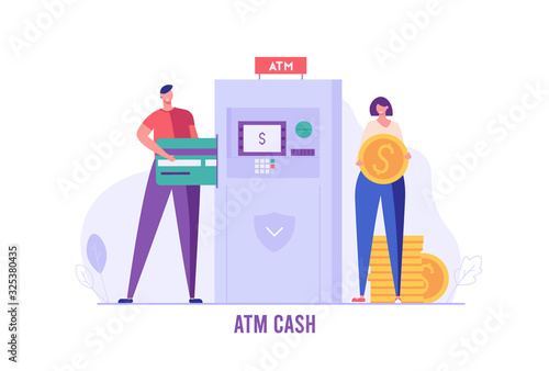 People using atm machine with money. Customers standing near atm. Concept of banking, withdrawal from ATM, digital bank service. Vector illustration in flat design for UI, web banner, mobile app