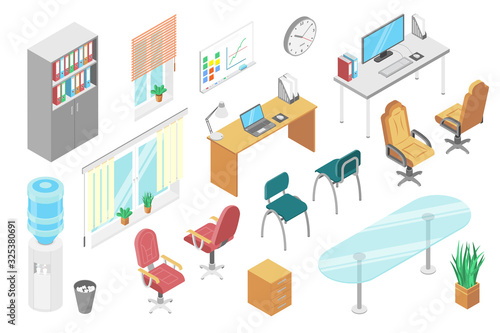 Office furniture isometric set, isolated on white, desk and chair for modern workspace, vector illustration. Comfortable furniture for office, window, drawer and computer. Interior design constructor