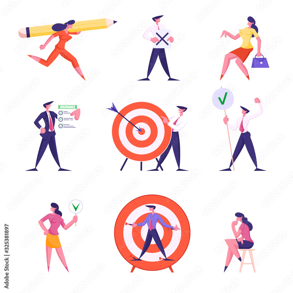 Set of Businesspeople Characters Carry Huge Pencil, Holding Banners, Insurance Policy Service, Aim with Arrow in Center, Woman Thinking Isolated on White Background Cartoon Flat Vector Illustration