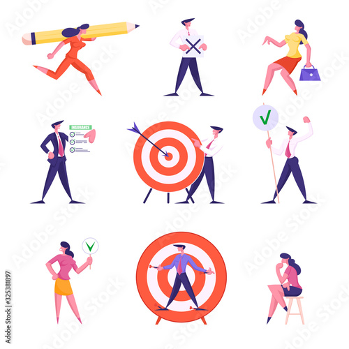 Set of Businesspeople Characters Carry Huge Pencil, Holding Banners, Insurance Policy Service, Aim with Arrow in Center, Woman Thinking Isolated on White Background Cartoon Flat Vector Illustration