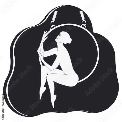Aerial gymnastics on the ring - white silhouette of a lady on a black background - isolated - vector. Female aerobics. Fitness Yoga.