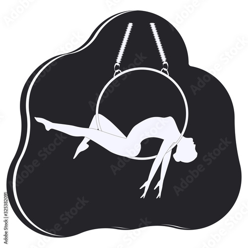 Aerial acrobatics with a ring - white silhouette of a lady on a black background - isolated - vector. Female aerobics. Fitness Yoga.