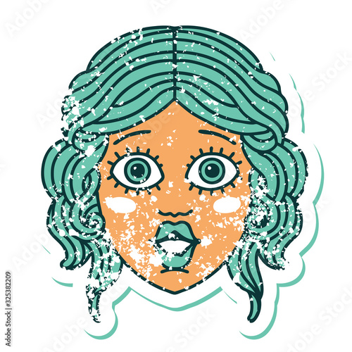 distressed sticker tattoo style icon of female face