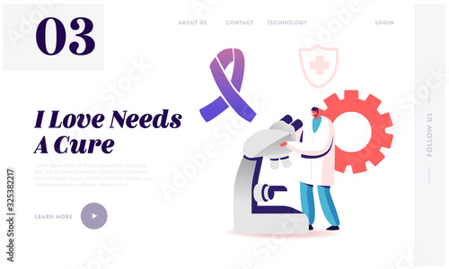 Alzheimer Disease Research Website Landing Page. Doctor Look in Electronic Microscope with Purple Awareness Ribbon, Shield with Cross, Cogwheel Icons Web Page Banner. Cartoon Flat Vector Illustration