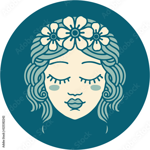 tattoo style icon of female face with eyes closed