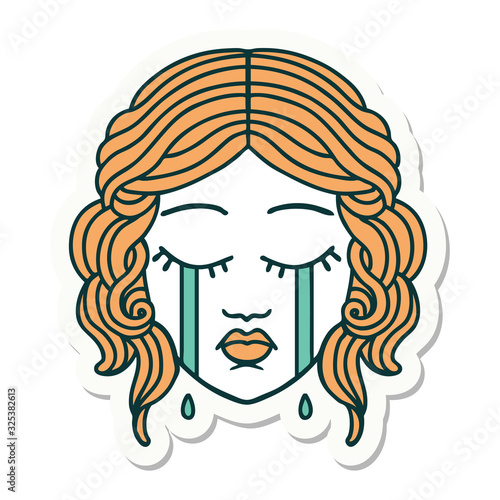 tattoo style sticker of female face crying
