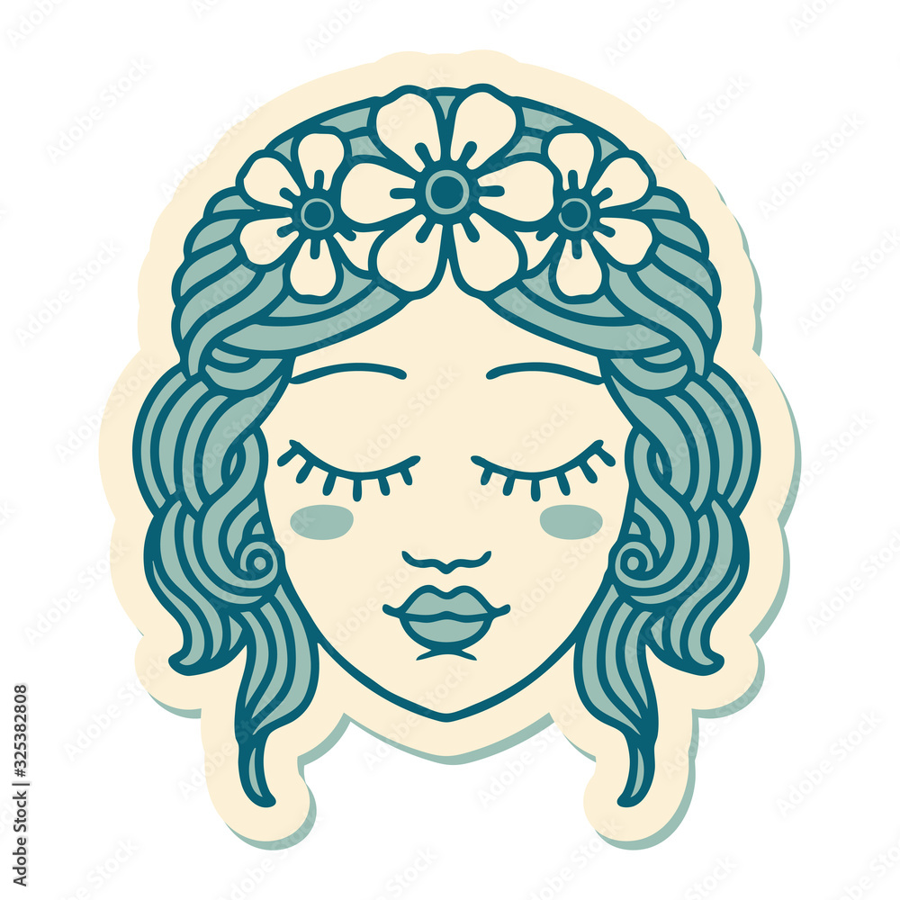 tattoo style sticker of female face with eyes closed
