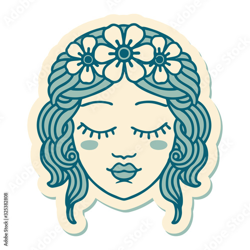 tattoo style sticker of female face with eyes closed
