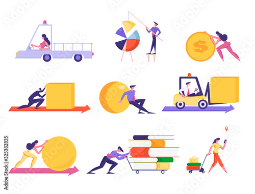 Set of Businesspeople Pushing Huge Geometric Figures, Set Up Pie Chart, Push Cart with Books Pile, Driving Forklift. Business Characters Isolated on White Background Cartoon Flat Vector Illustration