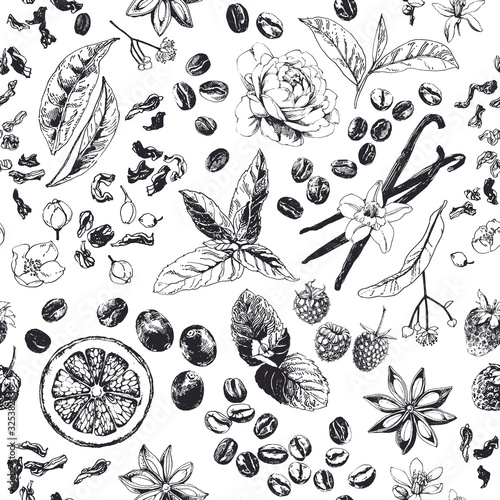 Seamless pattern background, coffee and tea ink drawn illustration