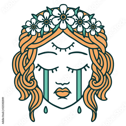 tattoo style icon of female face crying with third eye