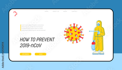 Wuhan Novel Coronavirus, 2019 ncov Website Landing Page. Person in Protective Suit Holding Sprayer with Disinfection Liquid. Quarantine Web Page Banner. Cartoon Flat Vector Illustration, Line Art