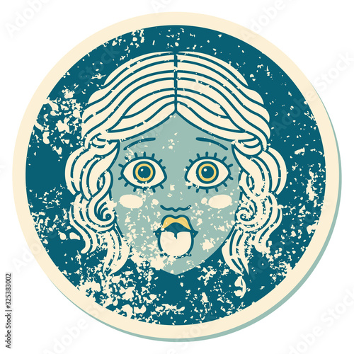 distressed sticker tattoo style icon of female face sticking out tongue