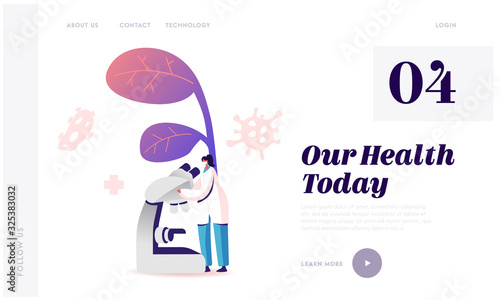 Hepatitis Disease, Medical Research Liver Sickness Website Landing Page. Doctor Look in Electronic Microscope with Bacteria and Microbes Flying Web Page Banner. Cartoon Flat Vector Illustration