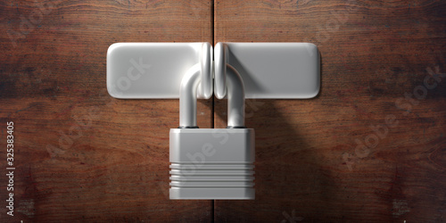 Fototapeta Naklejka Na Ścianę i Meble -  Wooden door locked, padlock closed. 3d illustration
