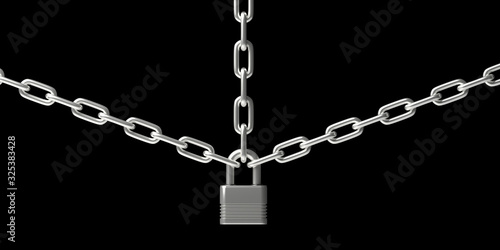 Padlock closed on three chains isolated against black background. 3d illustration