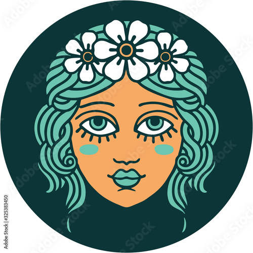 tattoo style icon of female face with crown of flowers
