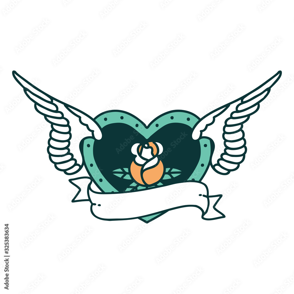 Fototapeta premium tattoo style icon of a flying heart with flowers and banner