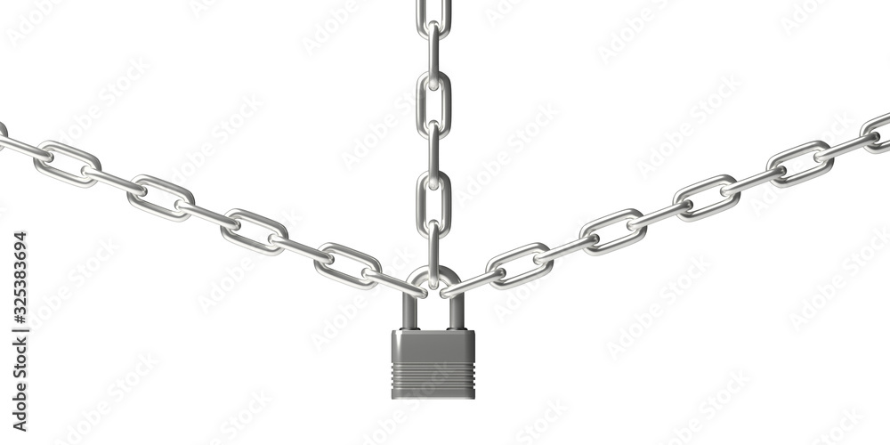 Padlock closed on three chains isolated against white background. 3d illustration Padlock closed on three chains isolated against white background. 3d illustration