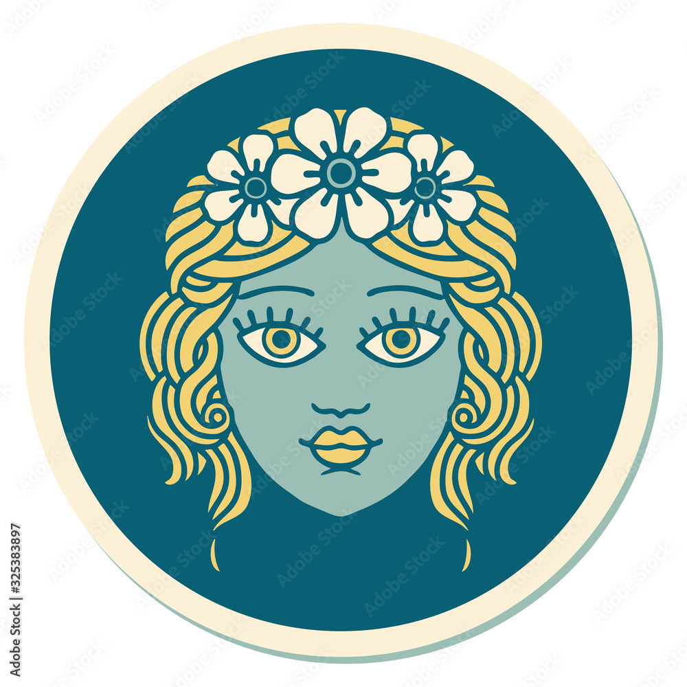 tattoo style sticker of female face with crown of flowers tattoo style sticker of female face with crown of flowers