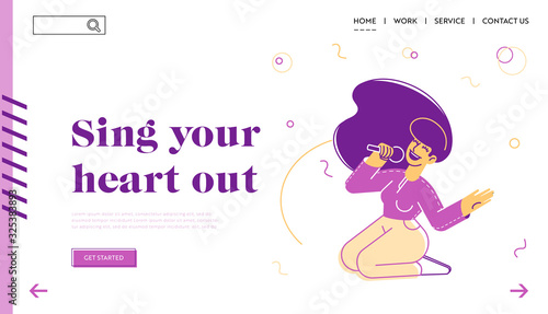 Woman Cheering and Performing on Stage with Song Composition in Karaoke Bar Website Landing Page. Artist Singing at Music Event or Concert Web Page Banner. Cartoon Flat Vector Illustration, Line Art
