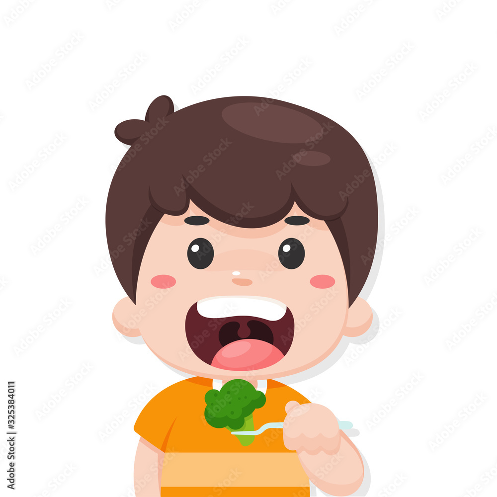 Vector cartoon boy eating a broccoli Healthy vegetables are a delicious breakfast. Vector cartoon boy eating a broccoli Healthy vegetables are a delicious breakfast.