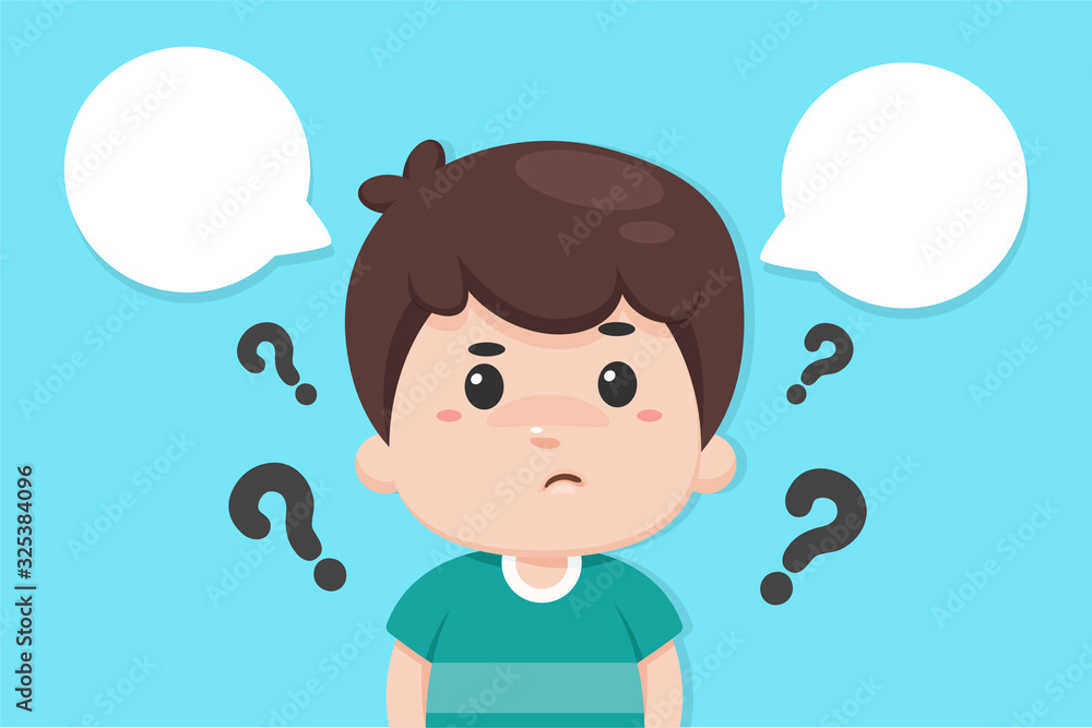 Vector cartoon boy with question marks all around deciding to make something Vector cartoon boy with question marks all around deciding to make something