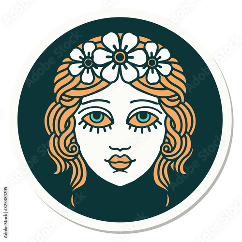 tattoo style sticker of female face with crown of flowers