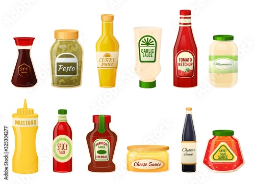 Sauce bottles isolated on white, ketchup, mustard and mayonnaise set, vector illustration. Different sauces, condiments and dressings for culinary cooking. Isolated bottles with labels, product pack