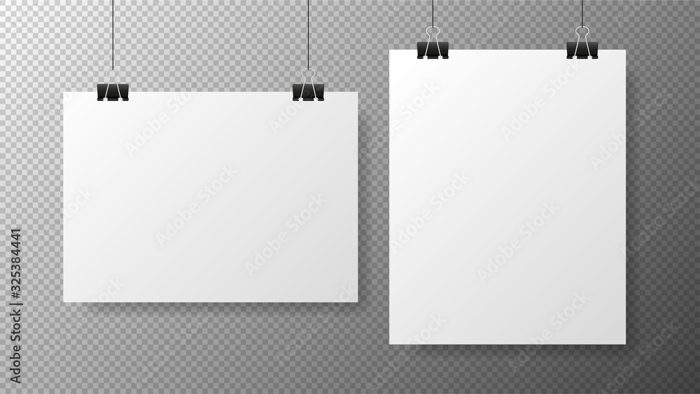 Blank white poster template on transparent with gradient background. Affiche, paper sheet hanging on a clip. Realistic objects on image. Vector Blank white poster template on transparent with gradient background. Affiche, paper sheet hanging on a clip. Realistic objects on image. Vector