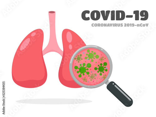 covid-19 or corona virus. Vector magnifier that examines the corona virus in the lungs of patients.