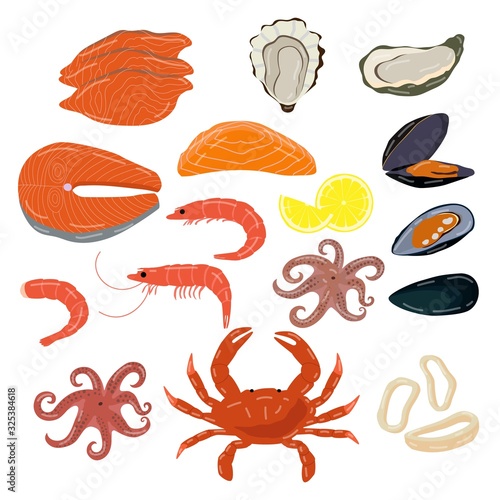 Seafood isolated on white, set of fresh ocean delicacies, oyster, prawn and shrimp, vector illustration. Fresh sea food, salmon fillet, mussel, crab and octopus. Shellfish, clam and slice of lemon set