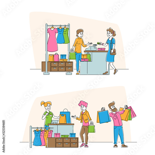 Shopping Sale and Discount Set. Happy Male and Female Characters Buying Things and Presents for Holidays in Store. Consumerism and Price Off Promo in Shop Cartoon Flat Vector Illustration, Line Art