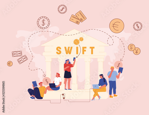 Swift, Society Worldwide Interbank Financial Telecommunication, International Payment, Banking Web Network Pay System Finance Digital Technology Banking Money Transfer Cartoon Flat Vector Illustration