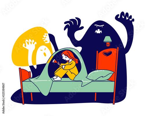 Nightmare Terrified Phobia. Little Scared Girl with Flashlight Sitting on Bed under Blanket Hiding from Frightening Ghost, Fearful Kid and Imaginary Monsters Cartoon Flat Vector Illustration, Line Art