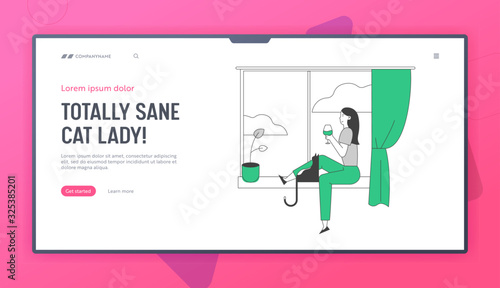 Girl with Cat Website Landing Page. Young Woman Sitting on Windowsill with Pet Drinking Wine Looking through Window. Weekend Home Relaxation Web Page Banner. Cartoon Flat Vector Illustration, Line Art