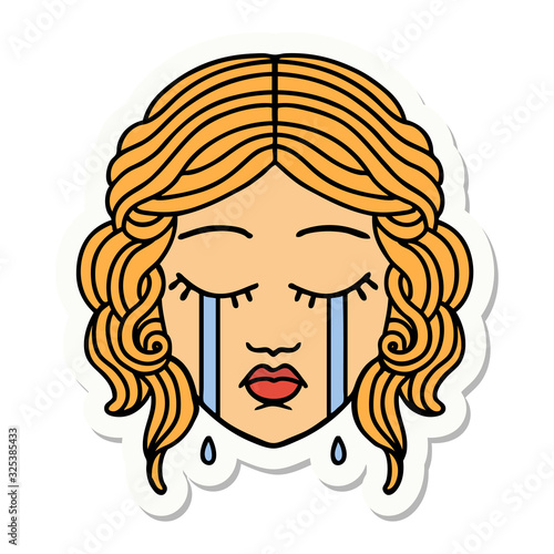 tattoo style sticker of female face crying