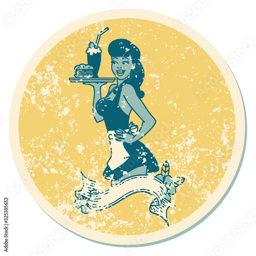 distressed sticker tattoo style icon of a pinup waitress girl with banner