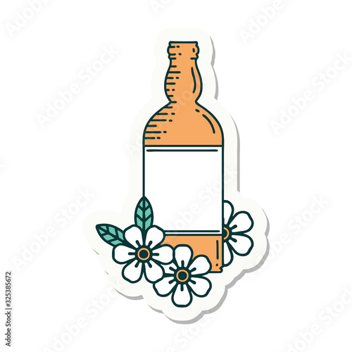 tattoo style sticker of a rum bottle and flowers