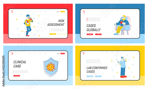 Virus infection, Flu, Cold and Coronavirus Disease Website Landing Page Set. Sick People with Illness Symptoms Suffer of Fever and Sneezing Web Page Banner. Cartoon Flat Vector Illustration, Line Art
