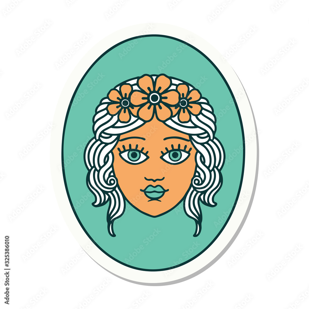 tattoo style sticker of a maiden with crown of flowers tattoo style sticker of a maiden with crown of flowers