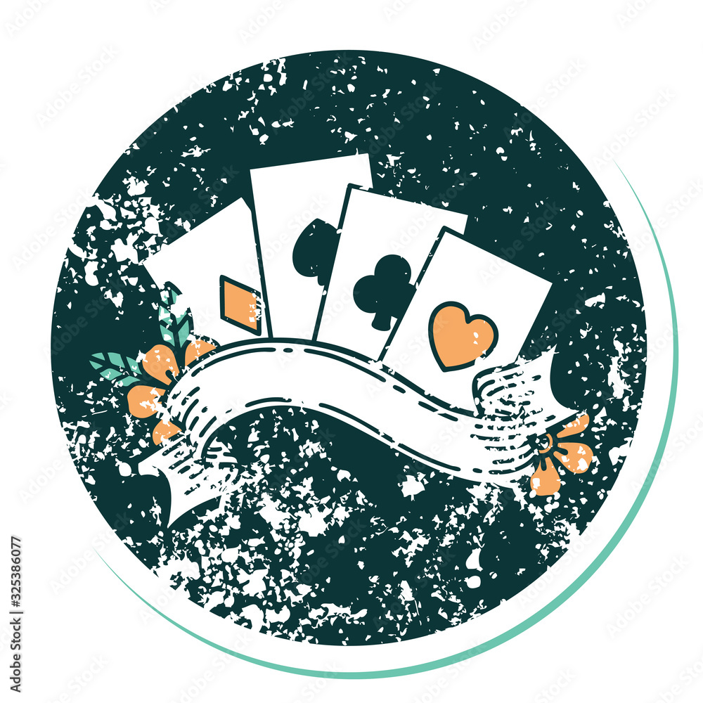 distressed sticker tattoo style icon of cards and banner distressed sticker tattoo style icon of cards and banner