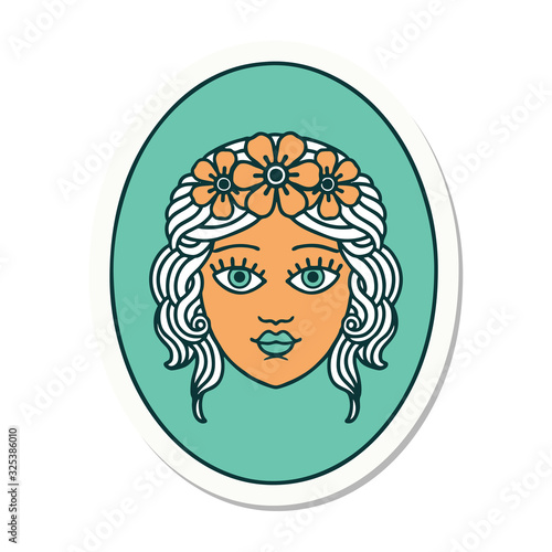tattoo style sticker of a maiden with crown of flowers