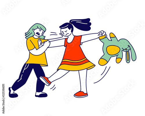 Little Girls Fighting and Quarreling at Playing Room. Classmates, Siblings or Friends Shouting and Hitting Each Other, Conflict Situation, Hyperactive Child, Cartoon Flat Vector Illustration, Line Art
