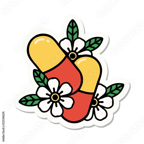 tattoo style sticker of pills and flowers
