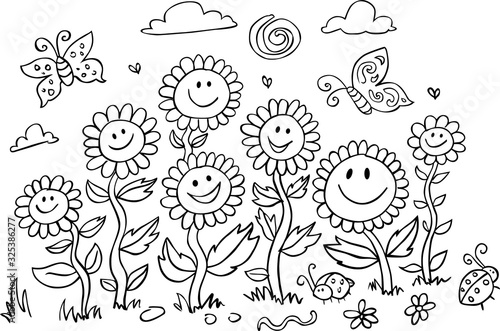 Vector black and white cartoon sunflowers illustration. Suitable for greeting cards, colouring activity and wall murals.