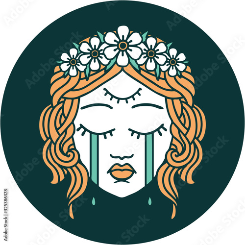 tattoo style icon of female face crying with third eye
