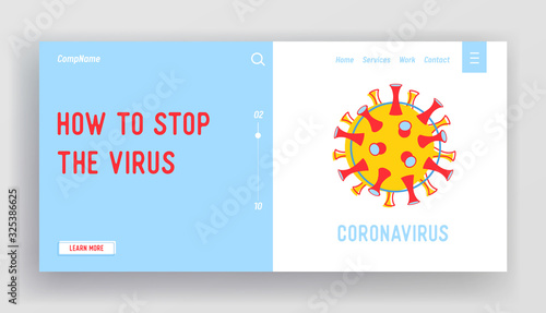 Coronavirus Ncov Website Landing Page. Dangerous Cell, Epidemic Disease Huge Microbe. Pandemic Mers-cov Bacteria Warning Infographics Web Page Banner. Cartoon Flat Vector Illustration, Line Art